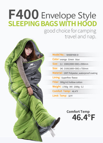 Naturehike F400 Ultralight Portable Envelope Cotton Sleeping Bag Size M/L, sleeping bag,[product_description] - wilderneeds